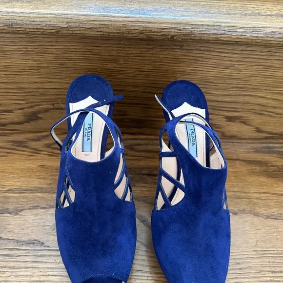 PRADA Camoscio Blue Suede Cutout Slingback Heels Shoes NEW 39